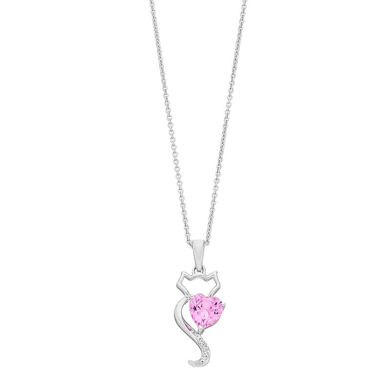Sterling Silver Lab-Created Pink & White Sapphire Cat Pendant Necklace, Wo