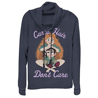 Disney's Wreck It Ralph 2 Juniors' Comfy Princess Curly Hair Don't Care Cowlneck Graphic Lightweight Long Sleeve