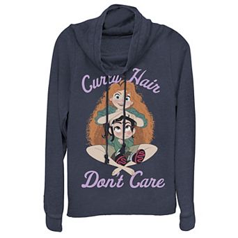 Disney's Wreck It Ralph 2 Juniors' Comfy Princess Curly Hair Don't Care Cowlneck Graphic Lightweight Long Sleeve