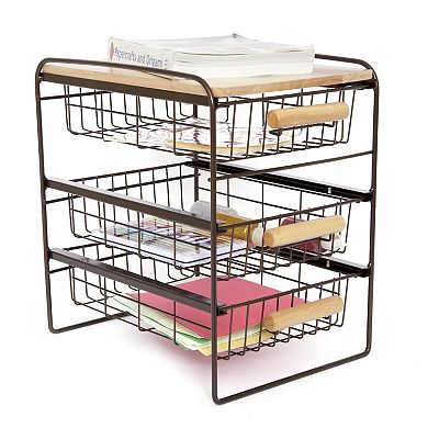 Origami Wood Top Steel Kitchen Organizer 3 Mesh Basket Sliding Drawer, Brown