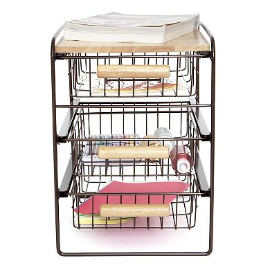 Origami Wood Top Steel Kitchen Organizer 3 Mesh Basket Sliding Drawer, Brown