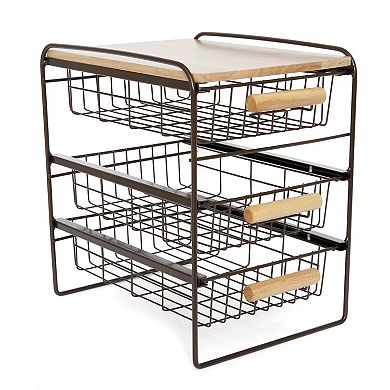 Origami Wood Top Steel Kitchen Organizer 3 Mesh Basket Sliding Drawer, Brown