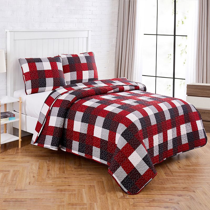 Red Plaid Quilt Set with Shams, Twin