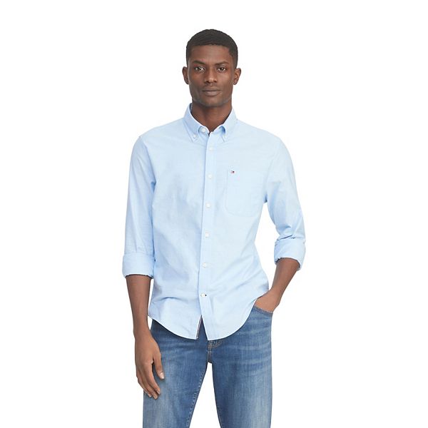 Essentials Slim-fit Long-Sleeve Solid Pocket Oxford Casual Shirt