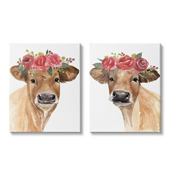 Stupell Home Decor Rose Flower Crown Cow Canvas Wall Art 2 pc Set