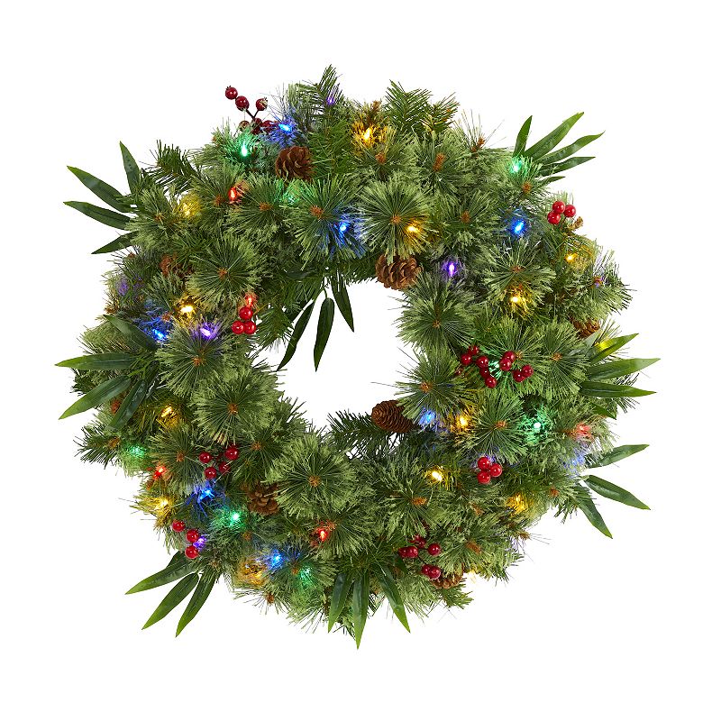 nearly natural Mixed Pine Multicolor LED Artificial Christmas Wreath, Green