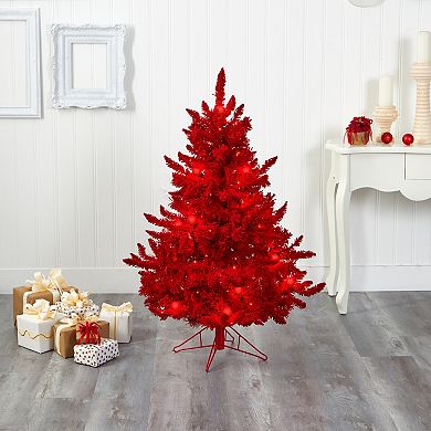 nearly natural 4-ft. Red Flocked Fraser Fir 100-Light Artificial Christmas Tree