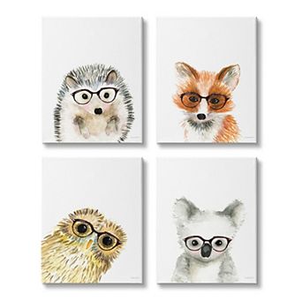 Stupell Home Decor Adorable Forest Animals Glasses Canvas Wall Art 4 pc Set