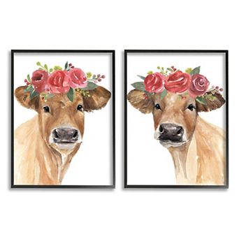 Stupell Home Decor Rose Flower Crown Cow Framed Wall Art 2 pc Set