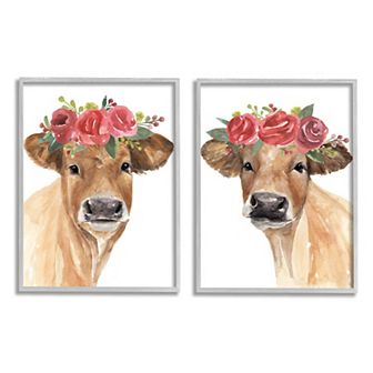 Stupell Home Decor Rose Flower Crown Cow Framed Wall Art 2 pc Set