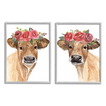 Stupell Home Decor Rose Flower Crown Cow Framed Wall Art 2 pc Set