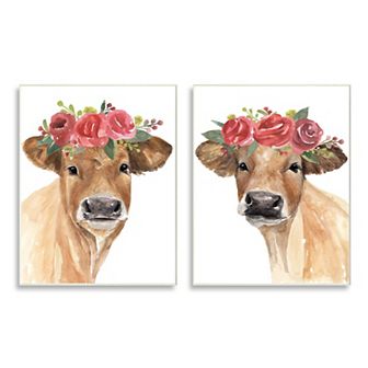 Stupell Home Decor Rose Flower Crown Cow Plaque Wall Art 2 pc Set