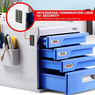 SereneLife 4 Drawer File Cabinet Desk Storage Organizer with Combination Lock