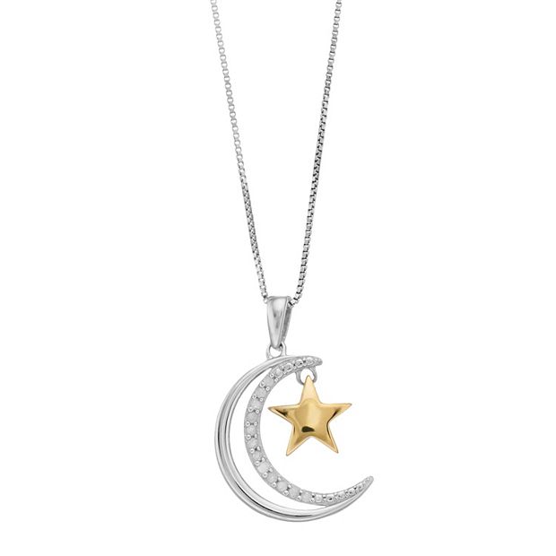 Moon & Star Necklace 1/8 ct tw Blue Diamonds Sterling Silver