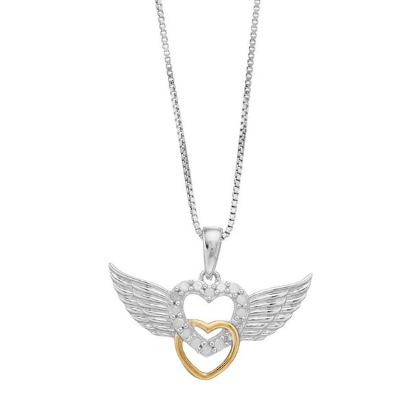 Angel Wing Love Heart Pendant Necklace in 14k Gold Over Sterling Silver