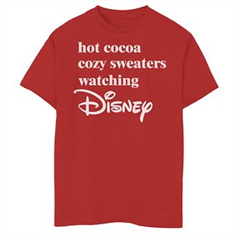 Disney's Boys 8-20 Christmas Hot Cocoa Cozy Sweaters Watching Disney Graphic Tee