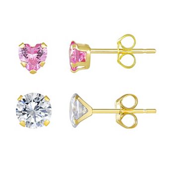 Taylor Grace 10k Gold Pink Heart & 5 mm Round Cubic Zirconia Stud Earring Set