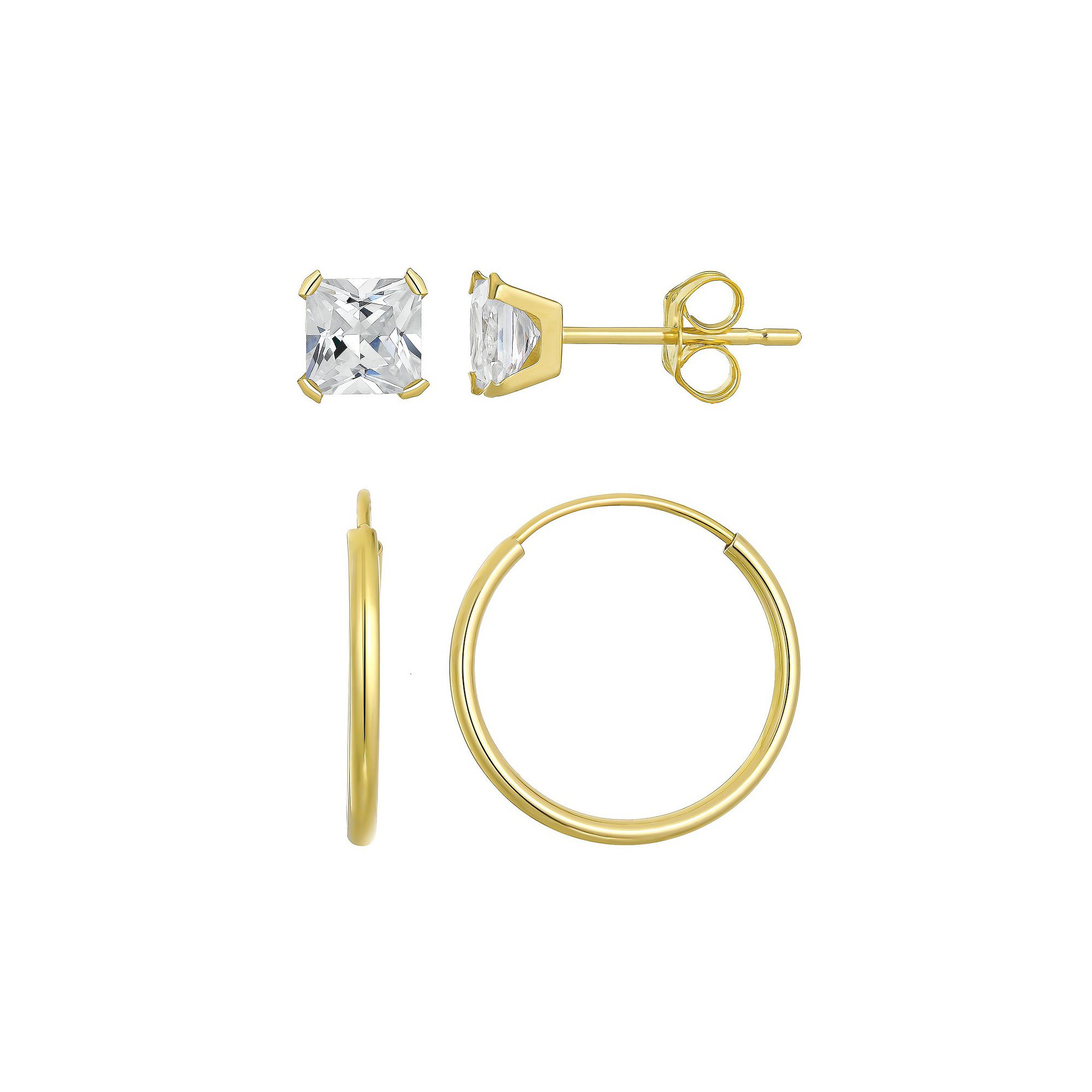 Taylor Grace 10k Gold 3 mm Square Cubic Zirconia Stud & 10 mm Hoop Earring 