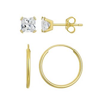 Taylor Grace 10k Gold 3 mm Square Cubic Zirconia Stud & 10 mm Hoop Earring Set