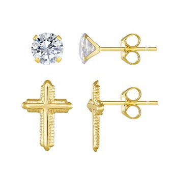 Taylor Grace 10k Gold Cross & Round Cubic Zirconia Earring Set