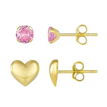 Taylor Grace 10k Gold Heart & Round Pink Cubic Zirconia Earring Set