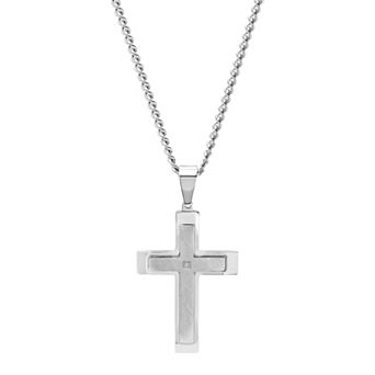 Steel Nation Men's Stainless Steel Diamond Accent Stacked Cross Pendant Necklace