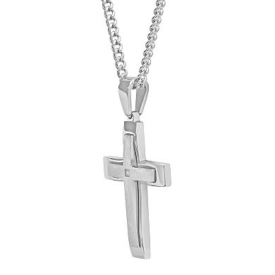 Steel Nation Men's Stainless Steel Diamond Accent Stacked Cross Pendant Necklace