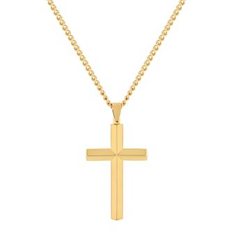 Steel Nation Men's Gold Tone Ion-Plated Beveled Cross Pendant Necklace