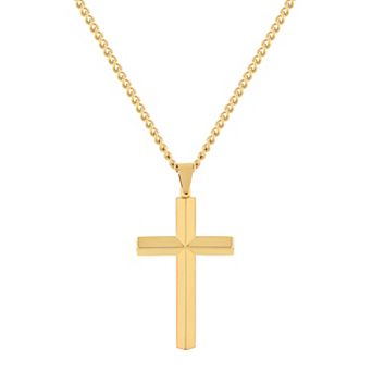 Steel Nation Men's Gold Tone Ion-Plated Beveled Cross Pendant Necklace