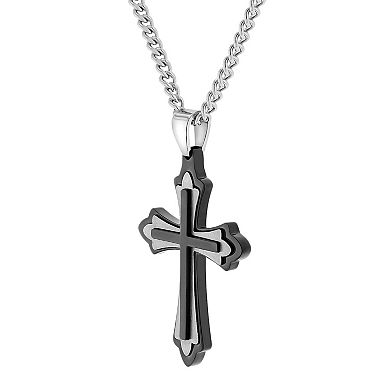 Steel Nation Men's Black Ion-Plated Stainless Steel Ornate Cross Pendant Necklace