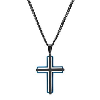 Steel Nation Men's Black & Blue Ion-Plated Stacked Cross Pendant Necklace