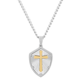 Steel Nation Men's Two Tone Cross & Shield Pendant Necklace