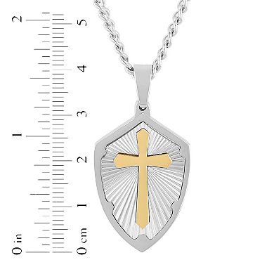 Steel Nation Men's Two Tone Cross & Shield Pendant Necklace