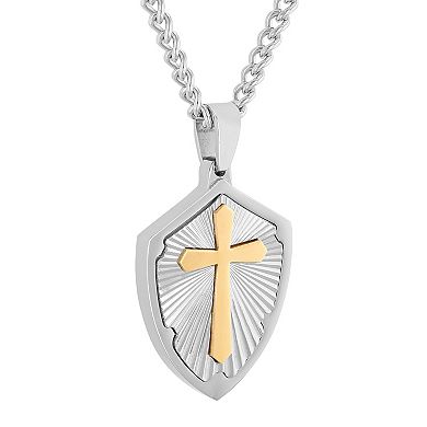 Steel Nation Men's Two Tone Cross & Shield Pendant Necklace
