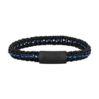 Steel Nation Men's Blue Ion-Plated & Black Faux Leather Bracelet