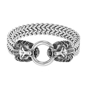 Steel Nation Men's Stainless Steel Double Row Franco Chain Lion Bracelet