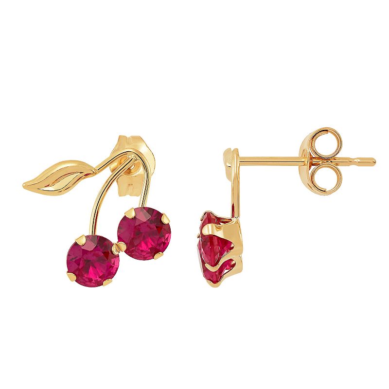 Everlasting Gold 10k Gold Lab-Created Ruby Leaf Button Earrings, Womens, R