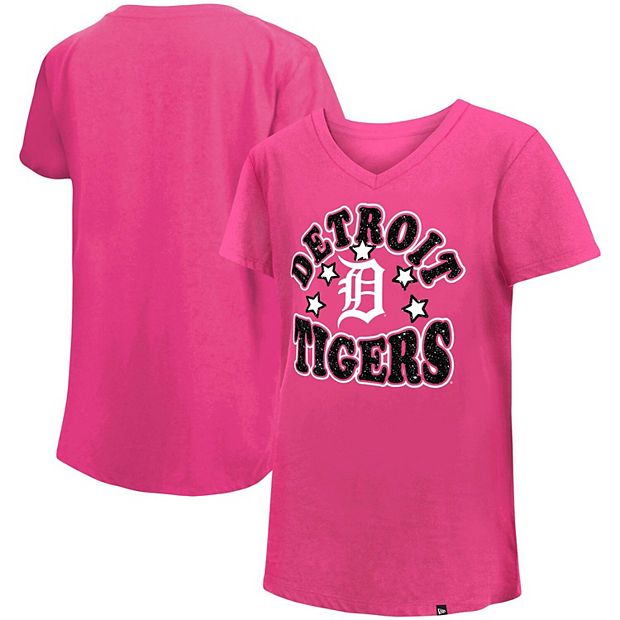 Girl's Youth New Era Pink Detroit Tigers Jersey Stars V-Neck T-Shirt