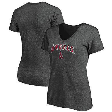 Women's Fanatics Branded Heathered Charcoal Los Angeles Angels Team Logo Lockup V-Neck T-Shirt