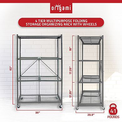 Origami 4 Tier Multipurpose Folding Storage Organizing Rack With Wheels, Gray