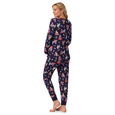 Women's Cozy Warm Pajama Set - Striped Bottoms, Sloth Henley Top, 70% Cotton 30% Polyester, XXX-Large, Pink
