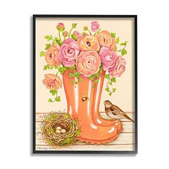 Stupell Home Decor Charming Orange Rainboots Pink Rose Framed Wall Art