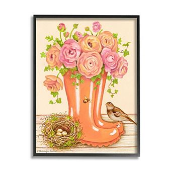 Stupell Home Decor Charming Orange Rainboots Pink Rose Framed Wall Art