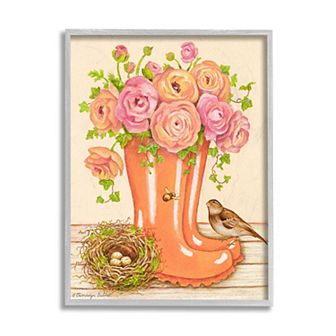 Stupell Home Decor Charming Orange Rainboots Pink Rose Bouquet Framed Wall Art