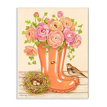 Stupell Home Decor Charming Orange Rainboots Pink Rose Bouquet Plaque Wall Art
