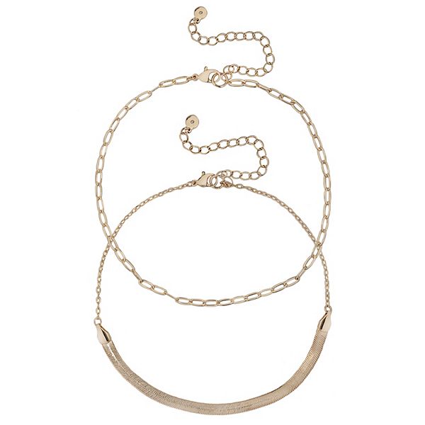 LC Lauren Conrad Gold Tone Herringbone & Paperclip Chain Choker Necklace Set