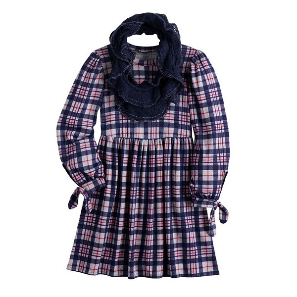 Girls 716 Knit Works Plaid Dress with Scarf