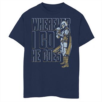 Boys 6-20 Star Wars The Mandalorian Wherever I Go He Goes Text Portrait Graphic Tee