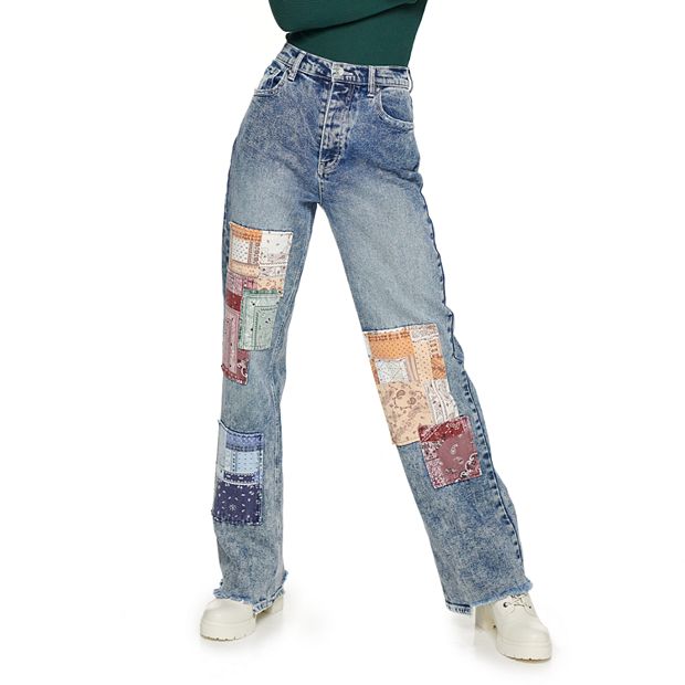 Juniors' SO® Low-Rise Patchwork Extreme Flare Jeans