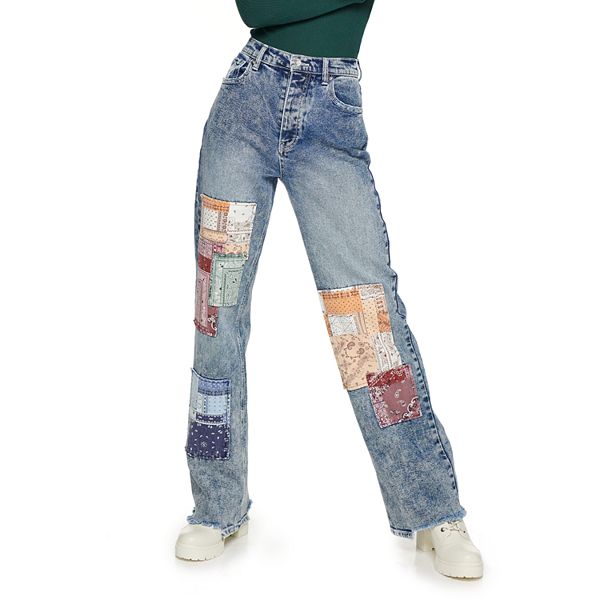 Juniors' SO® Bandana Patchwork Denim Jeans
